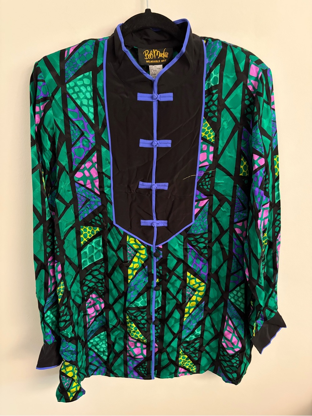 Bob Mackie Green Geometric Button-Down with Black Bib and Purple Trim